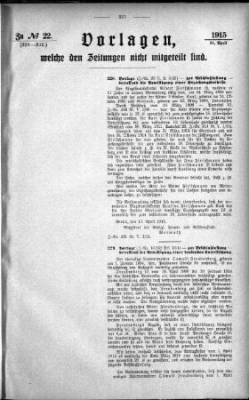 Anlage: zu No.22 (228-232), Vorlagen, welche den Zeitungen nicht mitgeteilt sind