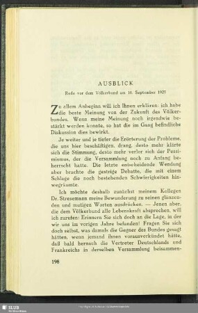 Ausblick : Rede vor dem Völkerbund am 10. September 1927