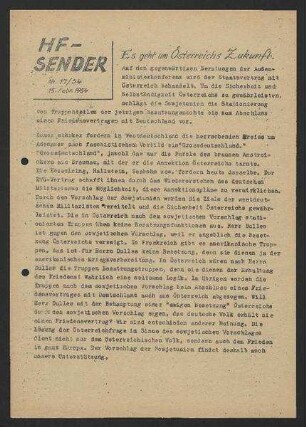 'HF-Sender' [Flugblatt], Nr.17/1954 (15. Februar 1954)