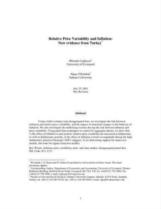 Relative Price Variability and Inflation : New evidence from Turkey