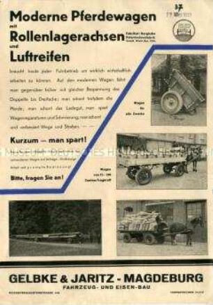 Moderne Pferdewagen mit Rollenlagerachsen und Luftreifen / Fabrikat: Bergische Patentachsenfabrik GmbH. Wiehl Bez. Köln.