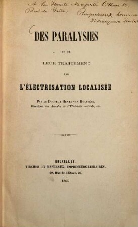Des paralysies et de leur traitement par l'électrisation localisée