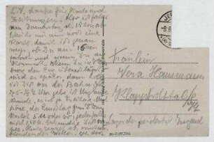 Ansichtspostkarte von Elfriede Hausmann an Vera Hausmann. Jershöft