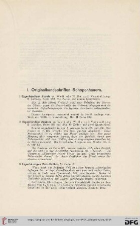 I. Originalhandschriften Schopenhauers (Nr.1-11)