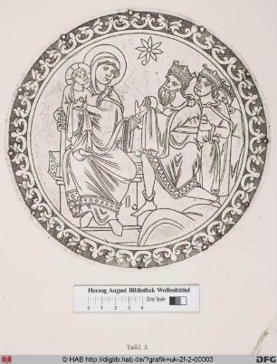 Die Heiligen Drei Könige bringen Maria und Christus ihre Gaben