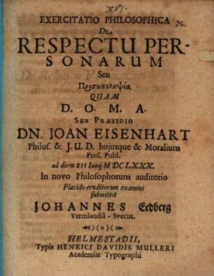 Exercitatio Philosophica De Respectu Personarum Seu Prosōpolēpsia