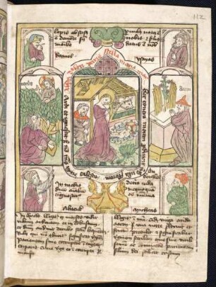 (1) Propheten-Brustbilder; (2) Antitypus: Geburt Christi; Typen: (3) Moses am brennenden Dornbusch; (4) Aaron vor einem Altar mit dem grünenden Stab
