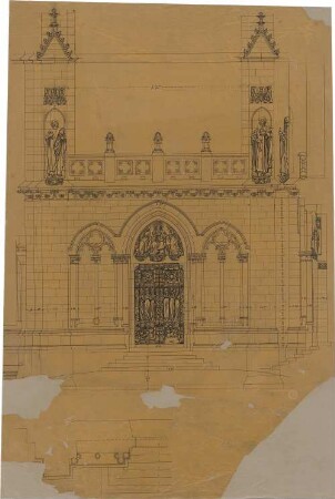 Schmidt, Heinrich von; Brüssel - Laeken (Belgien); Eglise Notre Dame, Portal und Turm - Teilgrundriss, Teilansicht