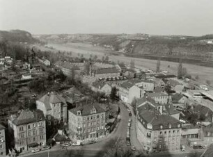 Meißen, Blick von der Burg nach Nordwesten auf Leipziger Straße und Elbe