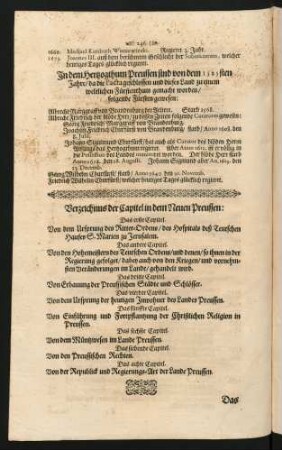 Verzeichnus der Capitel in dem Neuen Preussen