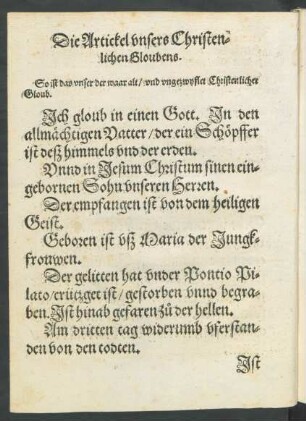 Die Artickel unsers Christenlichen Gloubens