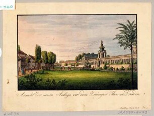 Blick über den zugeschütteten Zwingergraben (Zwingeranlagen) in Dresden nach Westen auf die Langgalerie und das Kronentor des Zwingers, links die Ostraallee