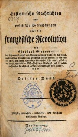 Historische Nachrichten und politische Betrachtungen über die französische Revolution, Dritter Band