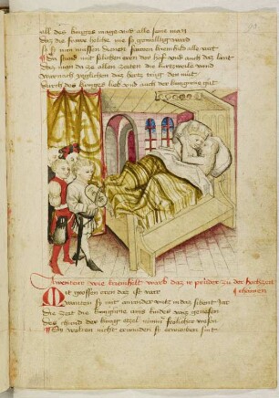Bild 21: Kriemhild bittet Etzel, ihre Verwandten einzuladen - Boten unter der Führung von Werbel und Schwemmel