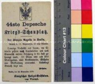 Gedruckte Kriegsdepesche vom Königlichen Polizei-Präsidium über die Kriegsereignisse vom 10.9.1870 in Laon während des Deutsch-Französischen Krieges