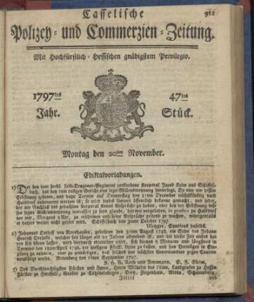 47tes Stueck, Montag den 20ten November 1797