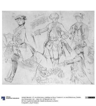J.E. von Ahlemann, Halbfigur en face, Friedrich II. in drei Bildnissen, Details von Stickereien, mit Notizen