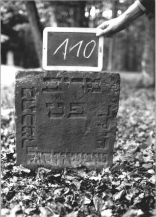 Grabstein 110 (Index: 99894945) Material: Sandstein Zustand: sehr gut, Abschluss abgebrochen Maße HxBxT: 58x46x7 cm Beschreibung: Stele: Grabstein 110