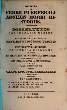 Nonnulla de febre puerperali: adnexis morbi historiis : Diss. inaug. med.