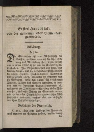 Erstes Hauptstück, von der gemeinen oder Elementargeometrie.