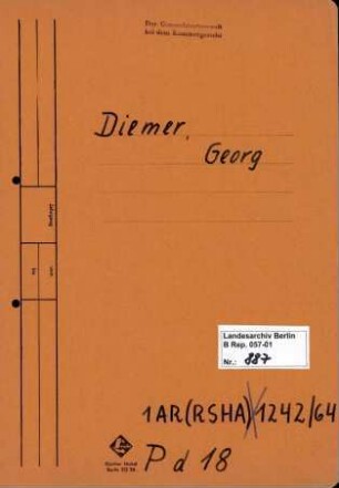 Personenheft Georg Diemer (*03.03.1892), Kriminalkommissar und SS-Hauptsturmführer