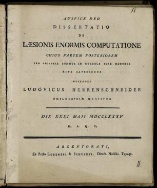 Dissertatio De Læsionis Enormis Computatione : Cuius Partem Posteriorem ; Die XXXI Maii MDCCLXXXV
