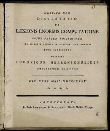 Dissertatio De Læsionis Enormis Computatione : Cuius Partem Posteriorem ; Die XXXI Maii MDCCLXXXV