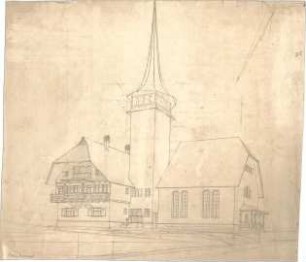 Dolmetsch, Heinrich; Holzbronn; Ev. Pfarrkirche mit Pfarrhaus - Westseite (Perspektive)