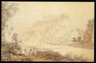 Ansicht von Herrnskretschen in der Böhmischen Schweiz, sepiagetönte Umrißradierung, 1810 : Zingg, Adrian : [Ansicht von Herrnskretschen in der Böhmischen Schweiz] / [gefertigt von Adrian Zingg?]. - [S.l.] , [um 1810]. - 1 Kunstbl. : sepiagetönte Umrißradierung ; 41 x 27 cm