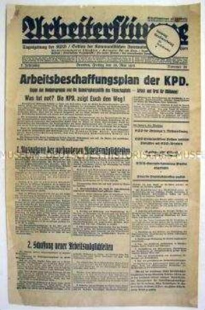 Titelblatt der regionalen KPD-Zeitung "Arbeiterstimme" zum Arbeitsbeschaffungsplan der Partei