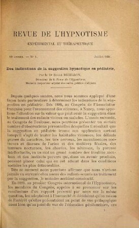 Revue de l'hypnotisme et de la psychologie physiologique : psychologie, pédagogie, maladies mentales et nerveuses. 10. 1896