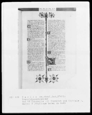 Franziskanisches Brevier — Initiale A, darin beten drei Jünglinge zu Gott, Folio 13verso