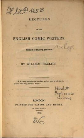 Lectures on the English comic writers