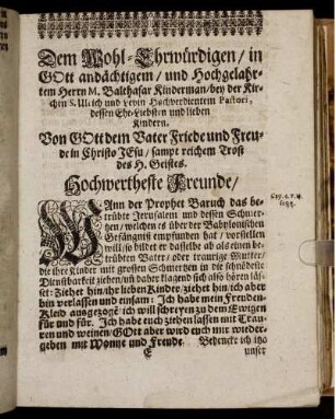 Dem Wohl-Ehrwürdigen [...] Herrn M. Balthasar Kinderman [...]