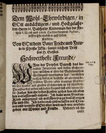 Dem Wohl-Ehrwürdigen [...] Herrn M. Balthasar Kinderman [...]