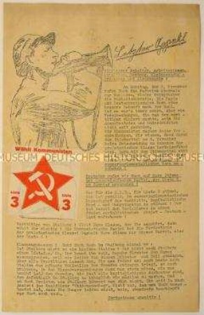 Hektografierter Wahlaufruf der KPD an die Stolberger Bürger zur Reichstagswahl November 1932, mit Aufkleber