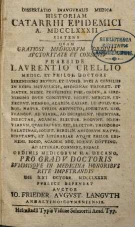 Diss. inaug. med., historiam catarrhi epidemici a. 1782 ... sistens