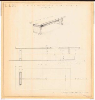Reichsluftfahrtministerium, Berlin: Saalbau, Besprechungszimmer (Tische): Perspektivische Ansicht, Ansichten, Grundriss 1:10