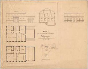 Voit, Johann Michael; Wiedergeltingen; Schule - Lageplan, Grundrisse, Ansichten, Querschnitt