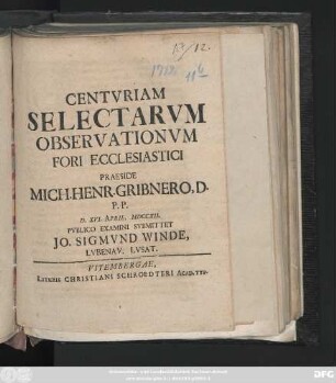 Centvriam Selectarvm Observationvm Fori Ecclesiastici