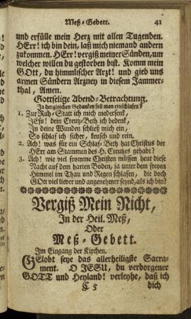 In der heiligen Meß, oder Meß-Gebett. - Andächtiges Gebett Ihre Hochfl Durchl. Prinzens Eugenii zur täglichen Tugend-Uebung.