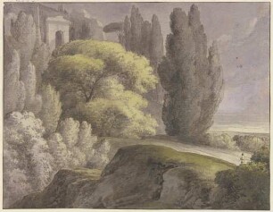 Landschaft mit antiken Gebäuden zwischen hohen Bäumen