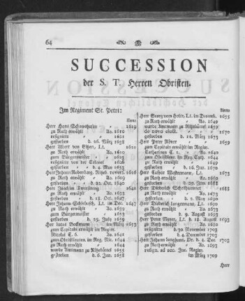 Succession der S. T. Herren Obristen.