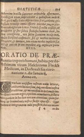 Oratio De Praestantia corporis humani ...