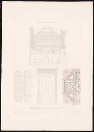 Das Neue Museum in Berlin von Stüler, Potsdam 1853: Tafel 9. Ansicht: nordwestlicher Kuppelsaal; Details: Deckengewölbe des westlichen Mittelsaales, Tür, Fußboden des Kuppelsaales