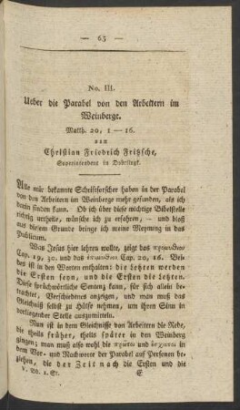 No. III. Ueber die Parabel von den Arbeitern im Weinberge. ... von Christian Friedrich Fritzsche, ..l.