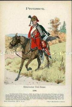 Uniformdarstellung, Dragoner, Kroat und Kroaten-Offizier des Frei-Korps "von Kleist", Königreich Preußen, 1760.