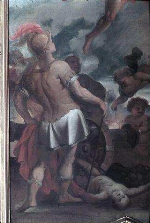 Antikische Szene mit Schlachtfeld und Apoll auf dem Sonnenwagen (Allegorie des Krieges?)