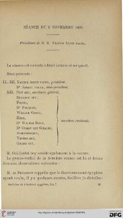 Séance du 9 novembre 1894: présidence de S. E. Yacoub Artin Pacha