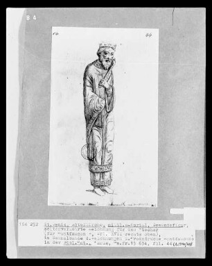 Les monuments de la monarchie française. Sammelband der Zeichnungen und Probedrucke Montfaucons — Saint-Denis, Abteikirche, Gewändefigur des mittleres Westportals, Seitenverkehrte Zeichnung für den Stecher (für Bd. I, Taf. XVII), Folio fol. 44